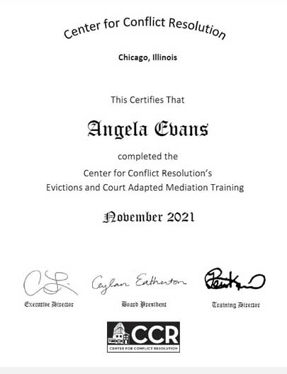 Center for Conflict Resolution | Chicago, Illinois | This Certifies That Angela Evans | November 2021